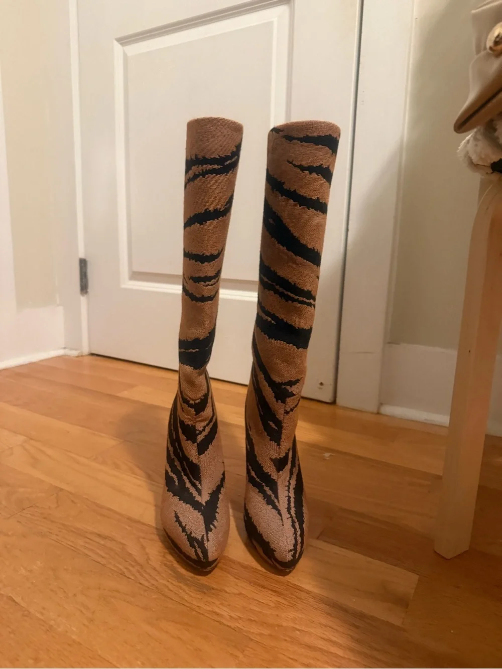 Brandon Maxwell Jacquard Brown and Black Tiger-Stripe Over-the-Knee Boots